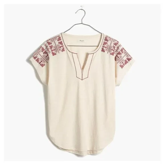 Madewell Embroidered Split Neck Top Ivory Red Cotton Linen XS - Picture 3 of 8